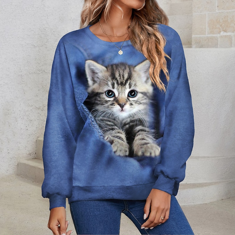 Women's Plus Size Sweatshirt Pullover Basic Cat Street Casual Round Neck Crewneck Long Sleeve Blue Fall & Winter