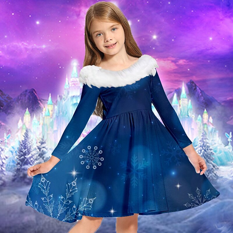 Kids Girls' Dress Snowflake Dress Snowflake Long Sleeve Casual Fur Trim Crewneck Adorable Daily Polyester Above Knee Casual Dress Swing Dress A Line Dress Fall Winter 2-13 Years Black Navy Blue Light