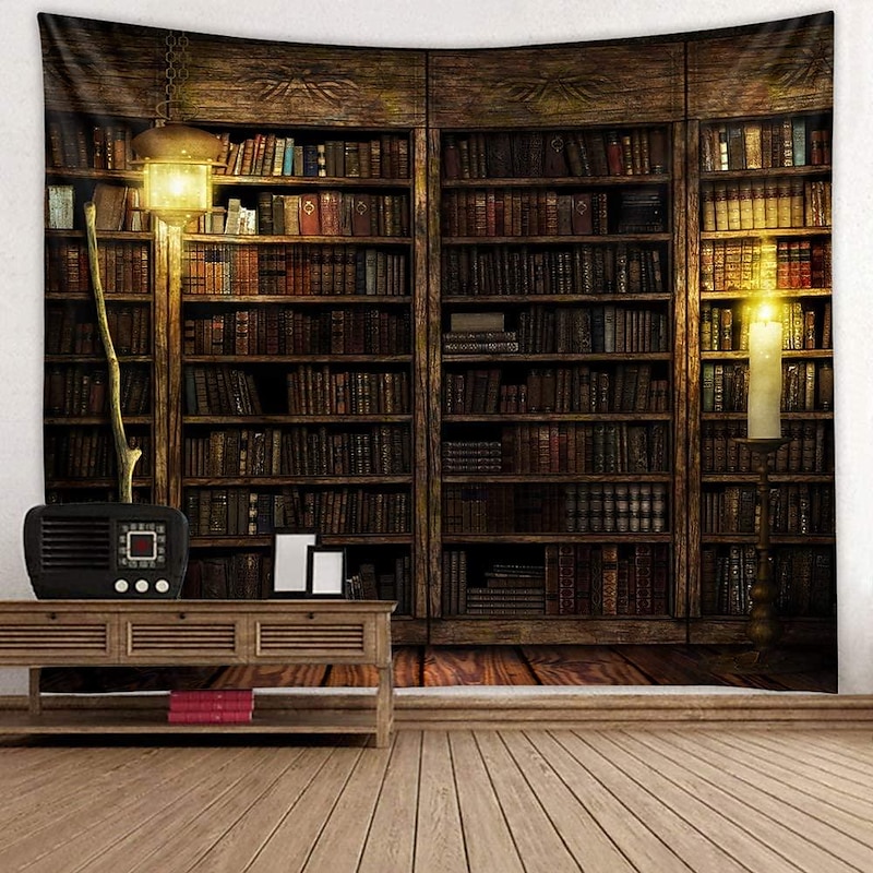 Vintage Bookshelf Landscape Wall Tapestry Hanging Study Room Picture Art Tapestry Retro Bookshelf Wall Art Library Bohemian Hippie Bedroom College Dorm Decor2