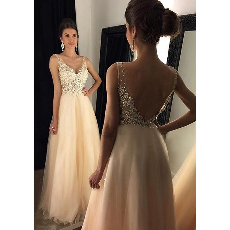 A-Line Gold Prom Dresses Sequin Dress Formal Wedding Guest Floor Length Sleeveless V Neck Tulle V Back with Beading Appliques3
