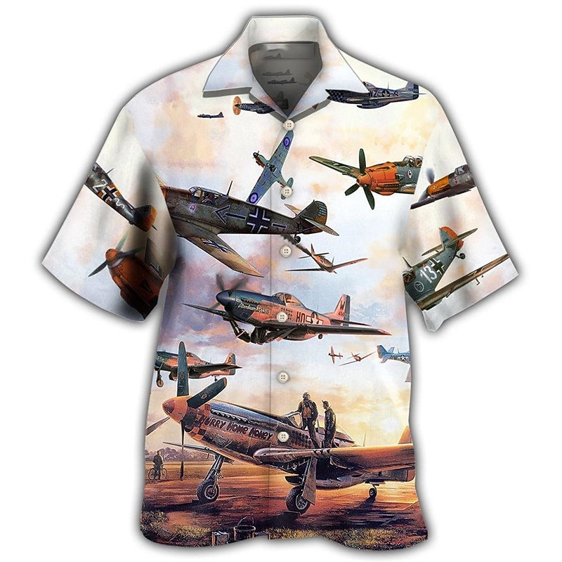 Men's Airplane Shirt Summer Hawaiian Shirt Aloha Shirt Short Sleeve Shirt Turndown Tropical Fashion Hawaiian Casual Hawaiian Holiday Black Black / Green Yellow S M L3