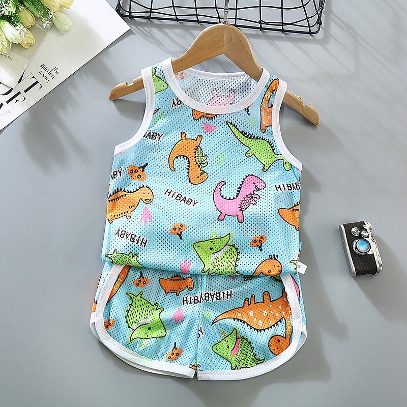 2 Pieces Toddler Boys Tank & Shorts Outfit Animal Cartoon Sleeveless Cotton Set Outdoor Fashion Daily Summer Spring 3-7 Years Blue dinosaur feather car2