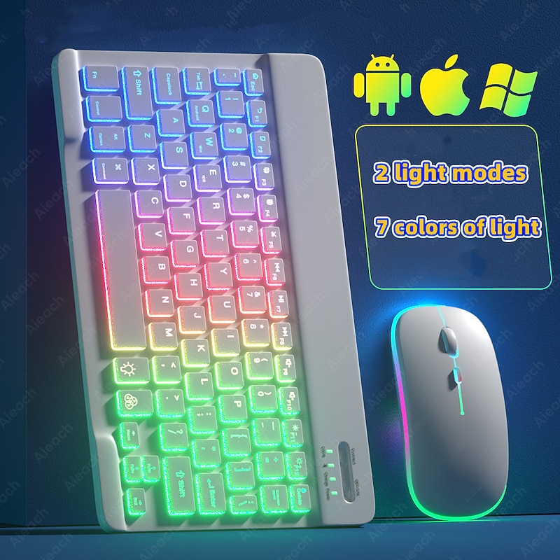 Keyboard and Mouse Combo For Tablet Android iOS Windows, Wireless Slim Mouse Keyboard Combo, Bluetooth Rainbow Backlit Keyboard