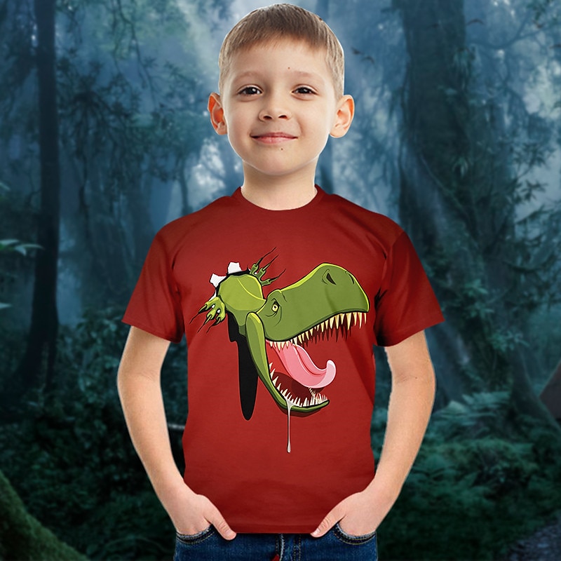 Kids Boys T shirt Tee Animal Dinosaur Short Sleeve Crewneck Children Top Casual 3D Print Cool Daily Summer Red 3-12 Years2