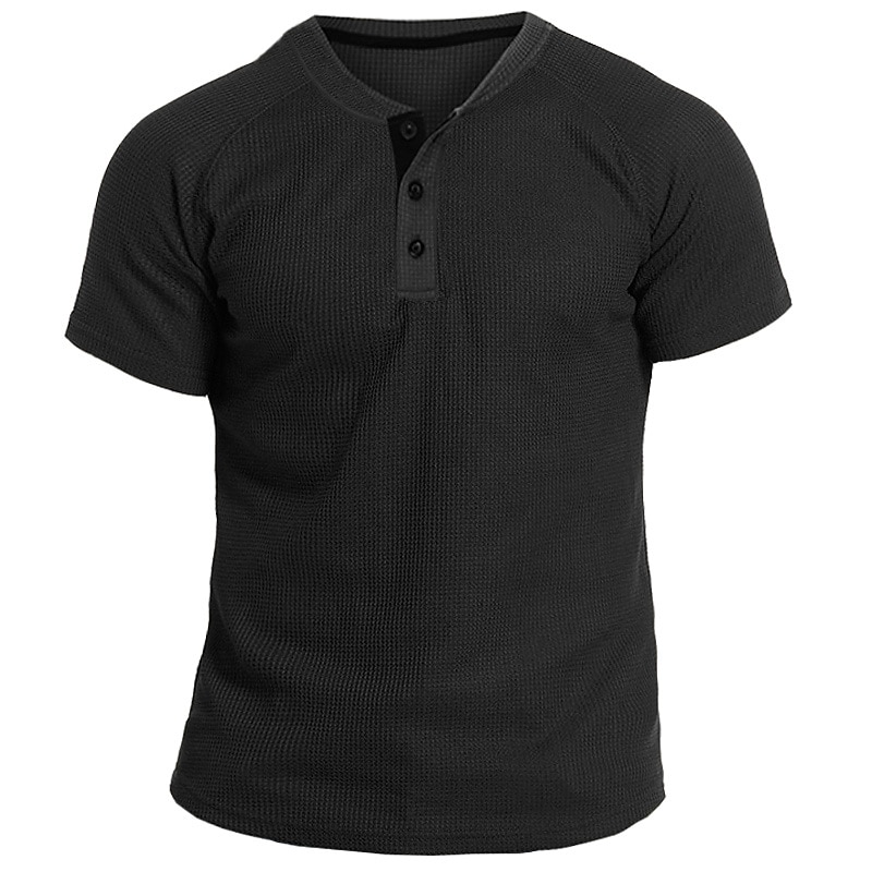 Men's Waffle Tee Button T Shirt Waffle Henley Shirt Henley Shirt Short Sleeves Henley Summer Plain Designer Basic Modern Contemporary Vacation Street Going out Dark Gray Black White Top Tee for Men4