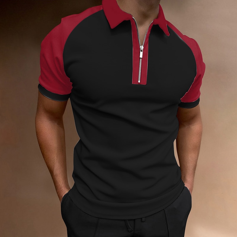 Men's Golf Shirt Going out Gym Turndown Quarter Zip Short Sleeve Sportswear Casual Solid Color Sports Patchwork Zipper Spring & Summer Slim Black / Red Black / Gray Navy Blue Sky Blue Light Grey Dark2
