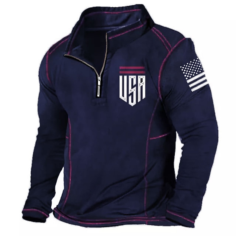Men's Long Sleeve Quarter-Zip USA American Flag Patriotic Pullover Shirt2