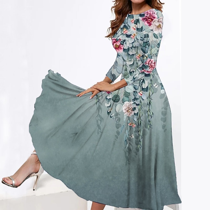 Women's Midi Dress Tiered Dress Elegant Vintage Date Regular Fit Flower Long Sleeve Crew Neck Blue Green Grey Summer Spring Fall Autumn
