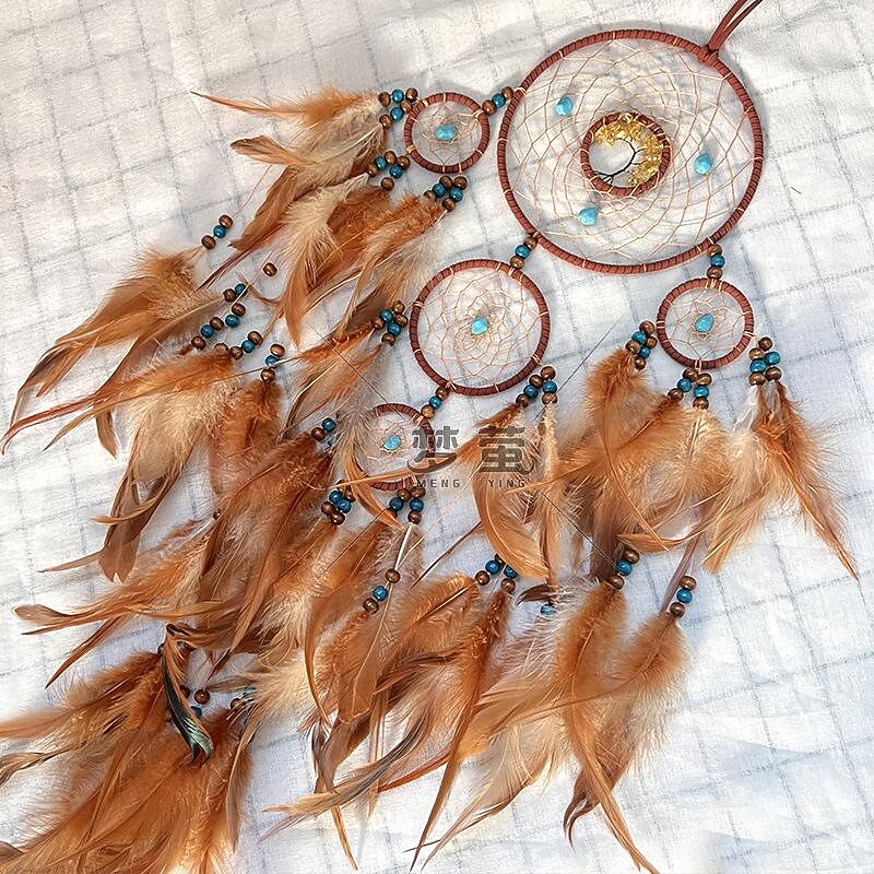 Dream Catcher Handmade Gift Feather Hook Flower Wind Chime with Five Circles Ornament Wall Hanging Decor Art Boho Style 15x80cm/6''x31.5''3