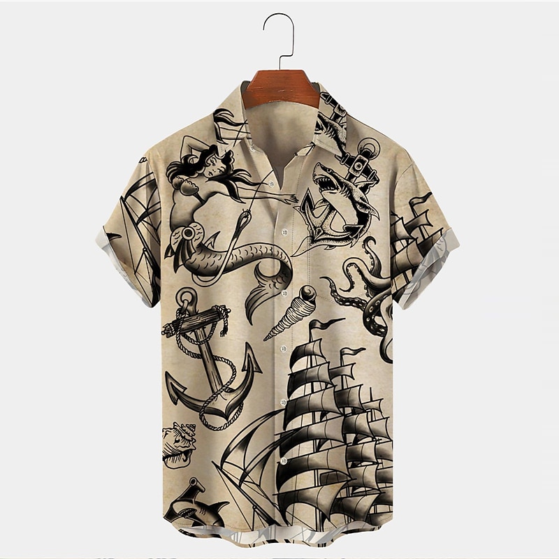 Men's Mermaid Anchor Shirt Button Up Shirt Short Sleeve Vintage Fashion Designer Outdoor Daily Holiday Summer Spring Turndown Print Button-Down Black+Black White Blue Sky Blue Green2