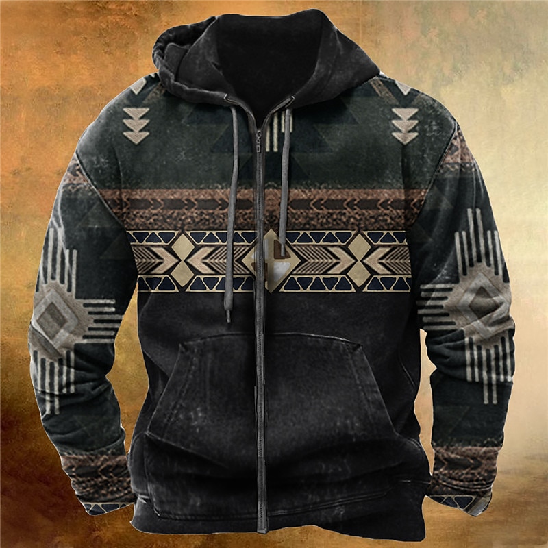 Men's Bohemian Style Graphic Prints Hoodie Hoodies Sweatshirt Streetwear Designer Long Sleeve Hooded Sports & Outdoor Daily Sports Black Zipper Print Spring &  Fall Designer