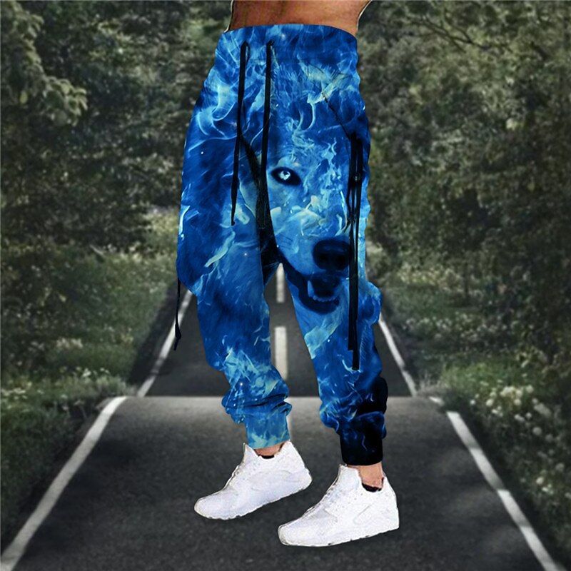 Men's Sweatpants Joggers Trousers Drawstring Elastic Waist 3D Print Animal Wolf Graphic Prints Comfort Sports Outdoor Casual Daily Cotton Blend Terry Streetwear Designer Grass Green Blue Micro-elastic3