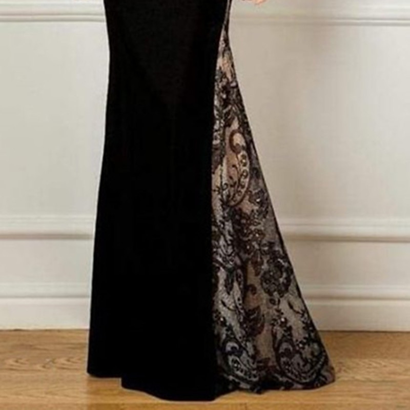 Mermaid Mother of the Bride Dress Wedding Guest Formal Evening Elegant Party Jewel Neck Floor Length Lace Velvet Long Sleeve No with Appliques Color Block3