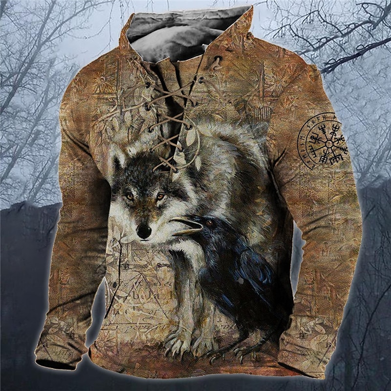 Men's Wolf Graphic Prints Sweatshirt Pullover Long Sleeve Sweatshirt Standing Collar Streetwear Designer Basic 3D Print Sports & Outdoor Casual Daily Lace up Spring &  Fall