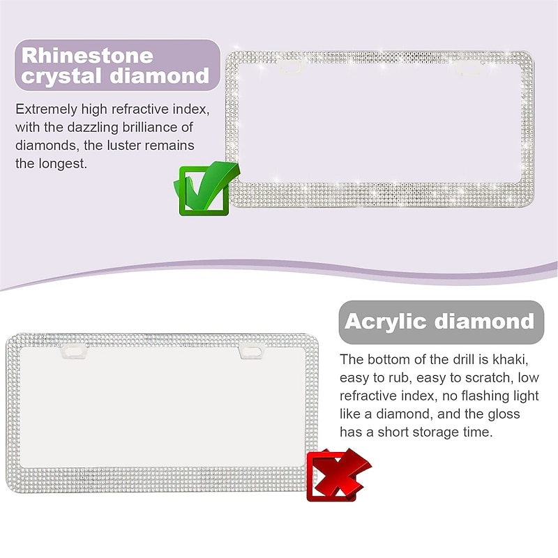 2 Pack Bling License Plate Frames for Women Sparkly Rhinestone Diamond Car Accessories for Women Handcrafted Stainless Steel Car License Plate Cover with Glitter Crystal Caps3