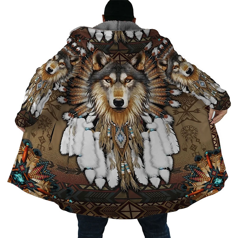 Men's Winter Coat Fleece Jacket Coat Sports & Outdoor Daily Wear Warm Breathable Zipper Pocket Fall & Winter Wolf Bandana Print Streetwear Ethnic Style Hoodie Long Regular Fit Black Purple Orange4