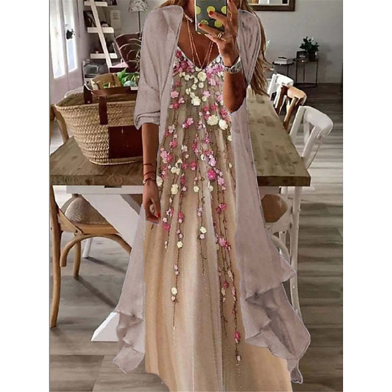 Women's Long Dress Maxi Dress Casual Dress Dress Set Two Piece Dress Shift Dress Fashion Outdoor Daily Going out Loose Fit Ombre Tribal Flower Long Sleeve V Neck Pink Brown Green Apricot Summer Spring4
