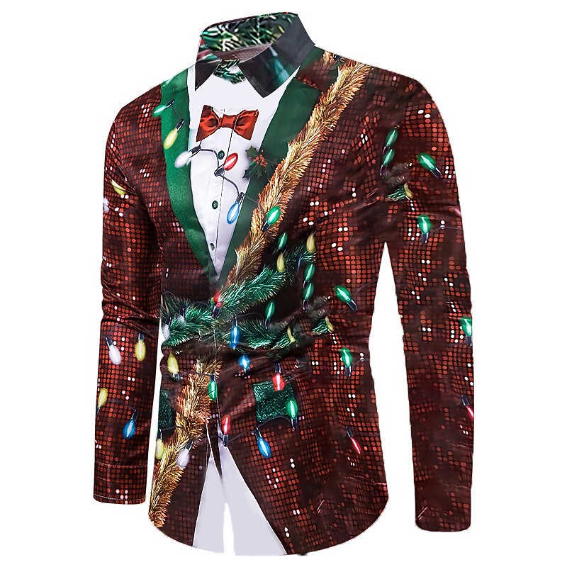 Men's Ugly Christmas Shirt Long Sleeve Shirt Turndown Christmas Street 3D Print Red Blue Purple Green Print Button-Down Clothing Apparel Fashion Designer Casual Soft3