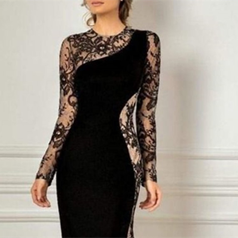 Mermaid Mother of the Bride Dress Wedding Guest Formal Evening Elegant Party Jewel Neck Floor Length Lace Velvet Long Sleeve No with Appliques Color Block2