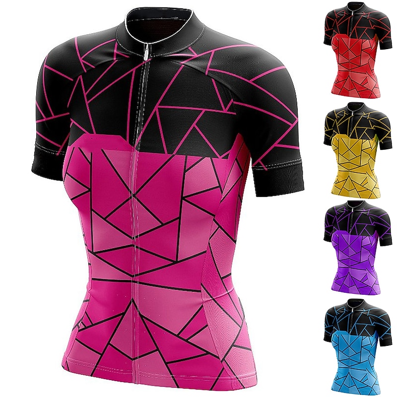 Women's Cycling Jersey Geometric Short Sleeve Bike Top with 3 Rear Pockets Mountain Bike MTB Road Bike Cycling Quick Dry Reflective Strips Back Pocket Moisture Wicking Sports Yellow Red Blue Clothing