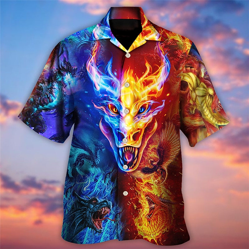 Men's Dragon Shirt Button Up Shirt Short Sleeve Tropical Fashion Hawaiian Casual Holiday Beach Summer Spring Turndown Print Button-Down Blue2