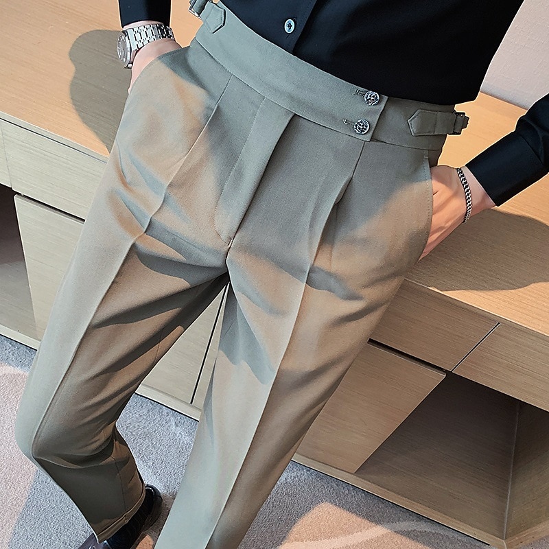 Men's Graduation Dress Pants Trousers Pleated Pants Suit Pants Pocket High Rise Plain Comfort Office Business Casual Elegant Vintage Black Green High Waist Micro-elastic2