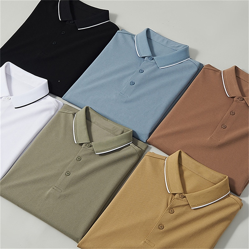 Men's Polo Shirt Golf Shirt Outdoor Casual Polo Collar Ribbed Polo Collar Short Sleeve Fashion Streetwear Solid Color Plain Button Front Summer Spring Regular Fit Black White Yellow Dusty Blue Brown3