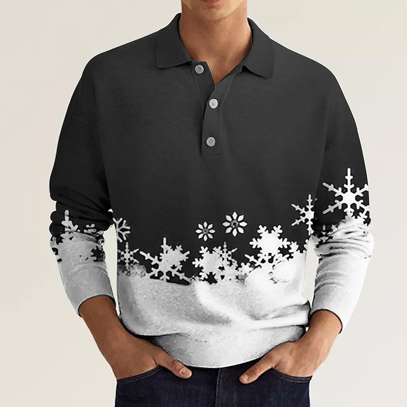 Christmas Men's Christmas Scene 3D Polo Xmas Golf Graphic Prints Snowflake Turndown Wine Blue Brown Green Gray 3D Print Street Casual Long Sleeve Button-Down Print Clothing Apparel Fashion4