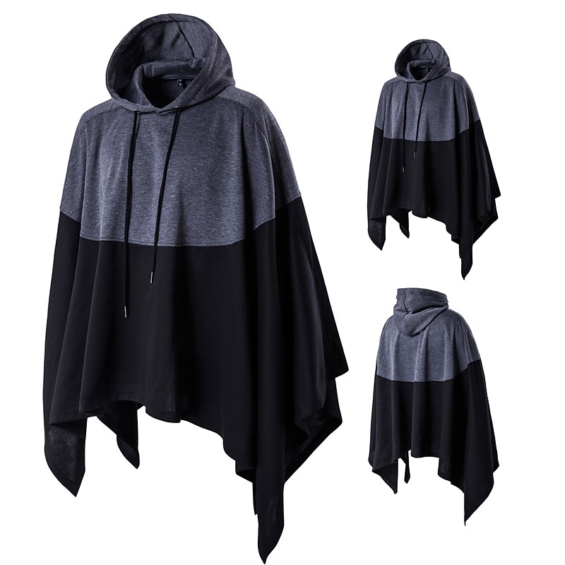 Men's Poncho Shirts Hooded Spring & Summer Color Block Fashion Streetwear Casual Daily Patchwork Outdoor Sport Going out Black Grey Top Tee for Men2