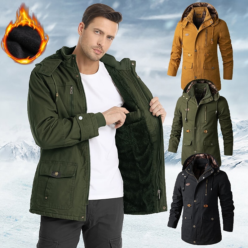 Men's Cargo Jacket Hiking Windbreaker Hiking Fleece Jacket Winter Outdoor Thermal Warm Windproof Lightweight Comfortable Outerwear Parka Trench Coat Ski / Snowboard Fishing Climbing Black Yellow Army2