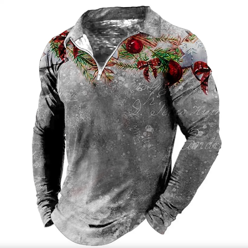 Christmas Men's Christmas tree 3D Zipper Polo Xmas Golf Floral Turndown Red Blue Purple Brown Green 3D Print Street Casual Long Sleeve Zipper Print Clothing Apparel Fashion Designer Casual3