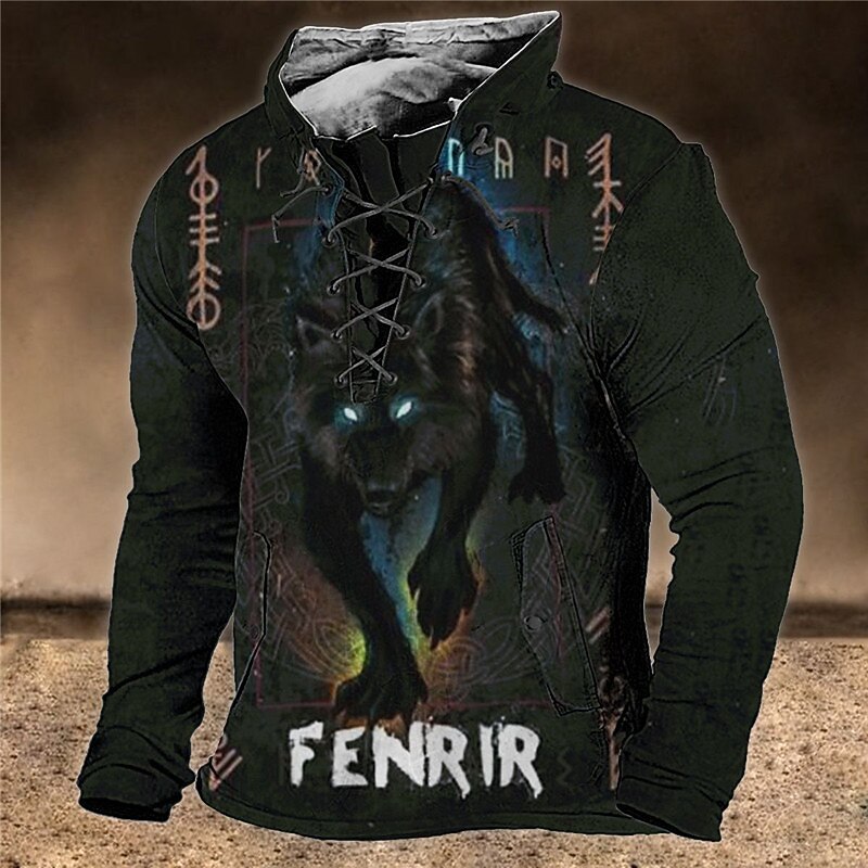 Men's Animal Wolf Graphic Prints Sweatshirt Pullover Long Sleeve Sweatshirt Standing Collar Streetwear Designer Basic 3D Print Sports & Outdoor Casual Daily Lace up Spring &  Fall4