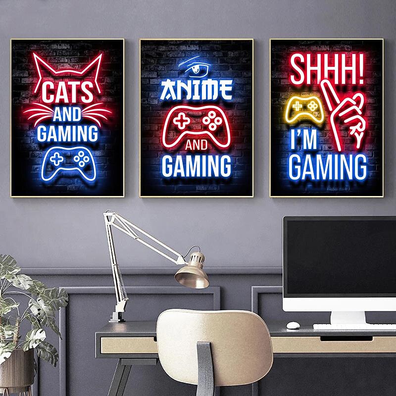 Gaming Room Decoration Poster Wall Art Video Game Canvas Painting Playroom Neon Decor Picture for Gamer Boy Bedroom Prints Decor Without Frame