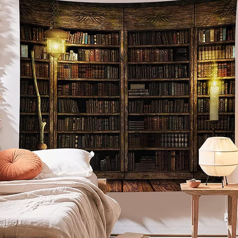 Vintage Bookshelf Landscape Wall Tapestry Hanging Study Room Picture Art Tapestry Retro Bookshelf Wall Art Library Bohemian Hippie Bedroom College Dorm Decor4