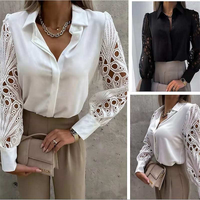 Women's Shirt Lace Shirt Blouse Eyelet top Solid / Plain Color Elegant Fashion Daily Shirt Collar Office Street Going out Patchwork Hole Black White Spring &  Fall Fall & Winter