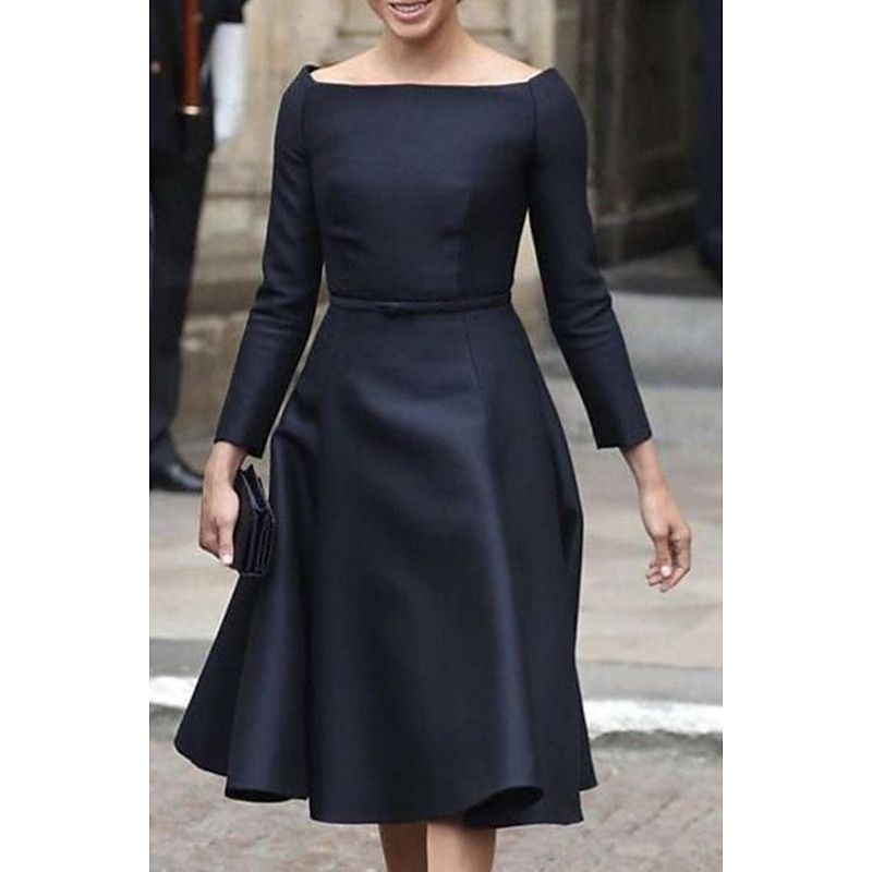 A-Line Mother of the Bride Dress Elegant Simple Jewel Neck Tea Length Knee Length Taffeta Long Sleeve with Sash / Ribbon Solid Color