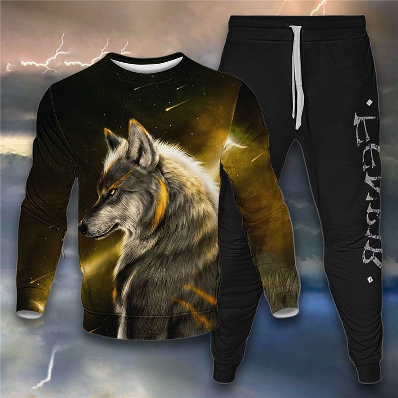 Mens Graphic Hoodie Tracksuit Sweatsuit Hoodies Set Yellow Blue Purple Light Gray Crew Neck Animal Wolf 2 Piece Print Sports & Outdoor Casual 3D
