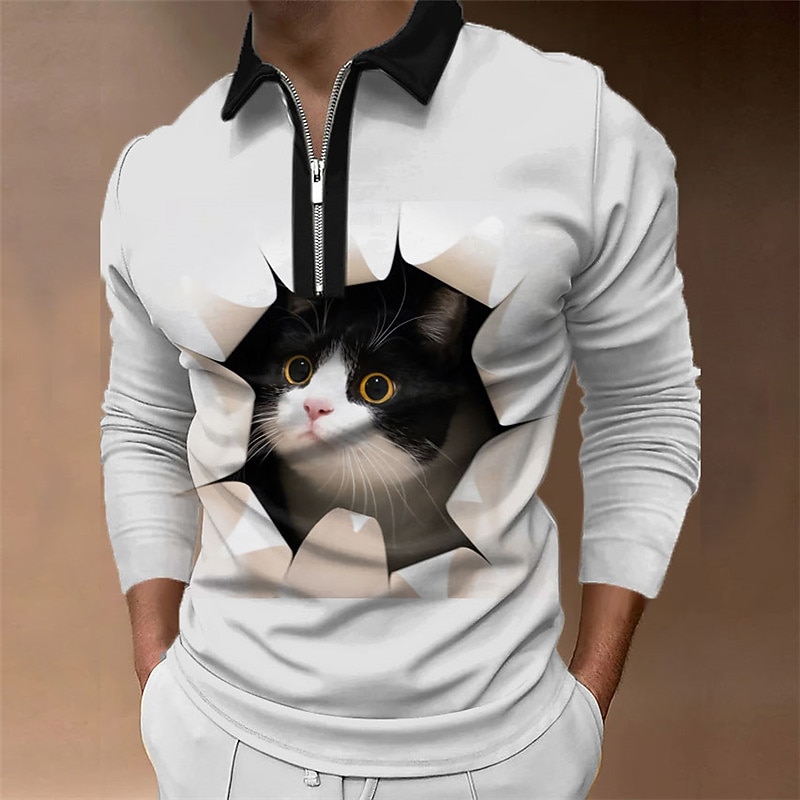 Men's Cat Zip Polo Shirts Golf Shirt Long Sleeve Polo Shirts Collared Shirts Casual Funny Streetwear Vacation Wear Party Outfits 3D Print Quarter Zip Polo Black Blue White+Gray3
