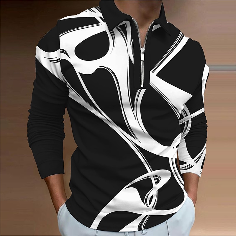 Men's Geometric Zip Polo Shirts Golf Shirt Long Sleeve Polo Shirts Collared Shirts Casual Vacation Wear Formal Wear Festival Wear 3D Print Quarter Zip Polo Black White Yellow2