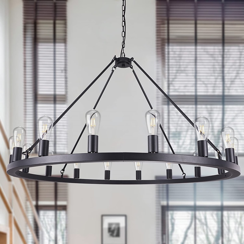 LED Chandelier Black on Wheels 20-Light Large Round Rustic Countryside Chandelier Industrial Light Fixture for Dining Room Living Room Kitchen Island Foyer Hallway