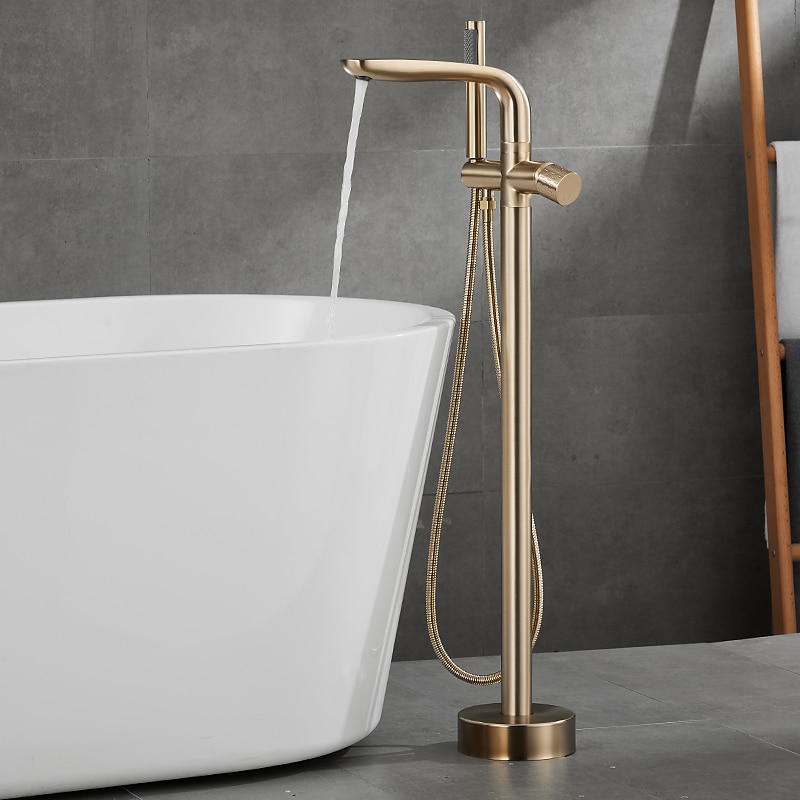 Bathtub Faucet Floor Mount Freestanding Tub Filler Brass High Flow Shower Faucets with Handheld Shower Mixer Taps Swivel Spout(Gun Grey/Brushed Golden)2