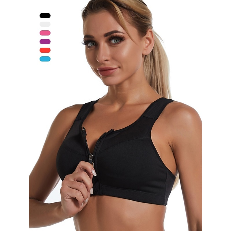 Women's High Support Sports Bra Running Bra Wirefree Zip Front Bra Top Padded Yoga Gym Workout Running High Impact Breathable Quick Dry Spandex Black Blue Purple Solid Colored Home Outfits