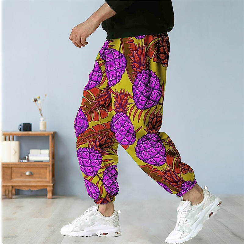 Men's Trousers Summer Pants Bloomers Baggy Harem Pants Drawstring Elastic Waist Fruit Pineapple Graphic Prints Comfort Casual Daily Holiday Cotton Blend Sports Designer Yellow Blue Micro-elastic3