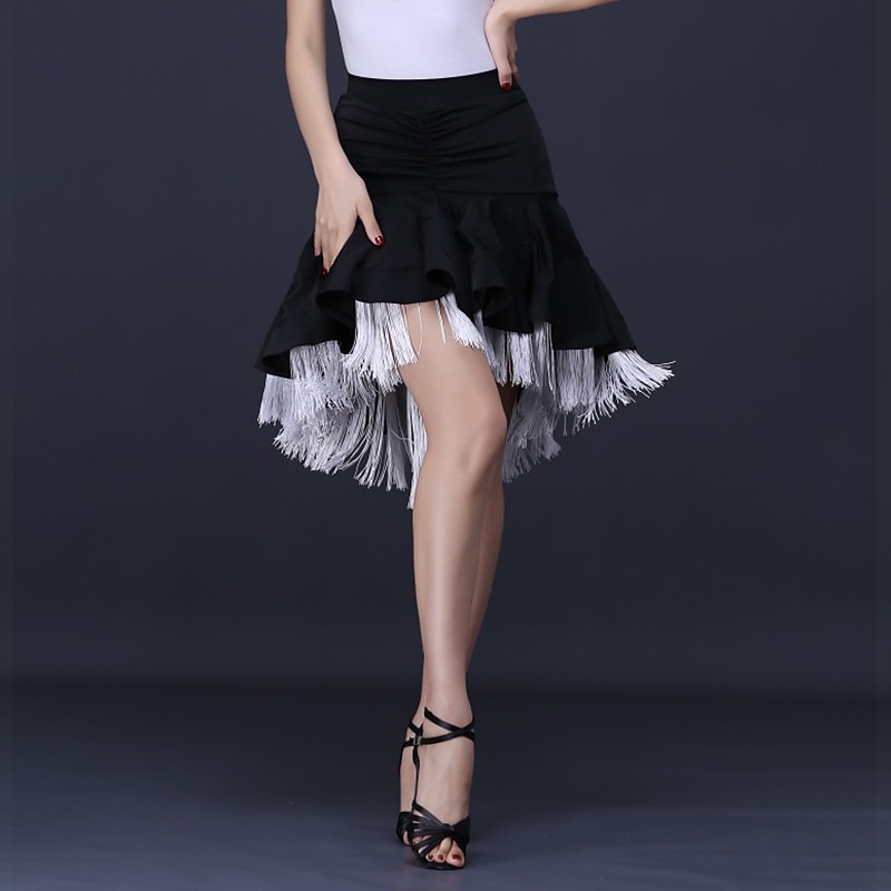 Latin Dance Skirts Fringed Tassel Ruching Pure Color Women's Performance Training High Polyester3