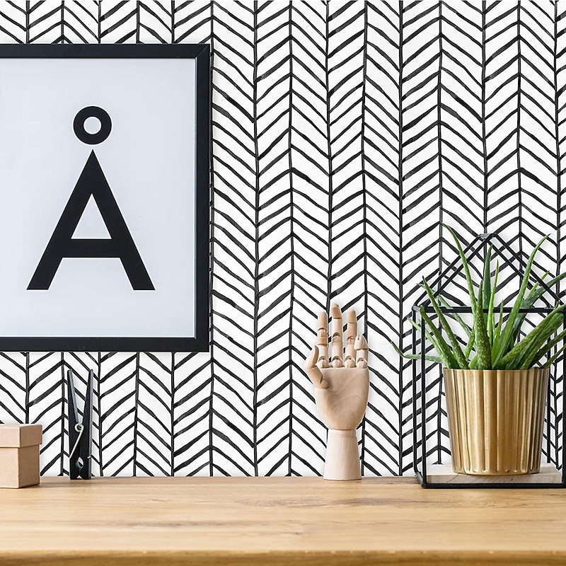 Cool Wallpapers Wall Mural Geometric Wallpaper Minimalist Herringbone Black White Peel and Stick Wallpaper Removable Pvc/Vinyl Self Adhesive 17.7"x118"(45cmx300cm)4