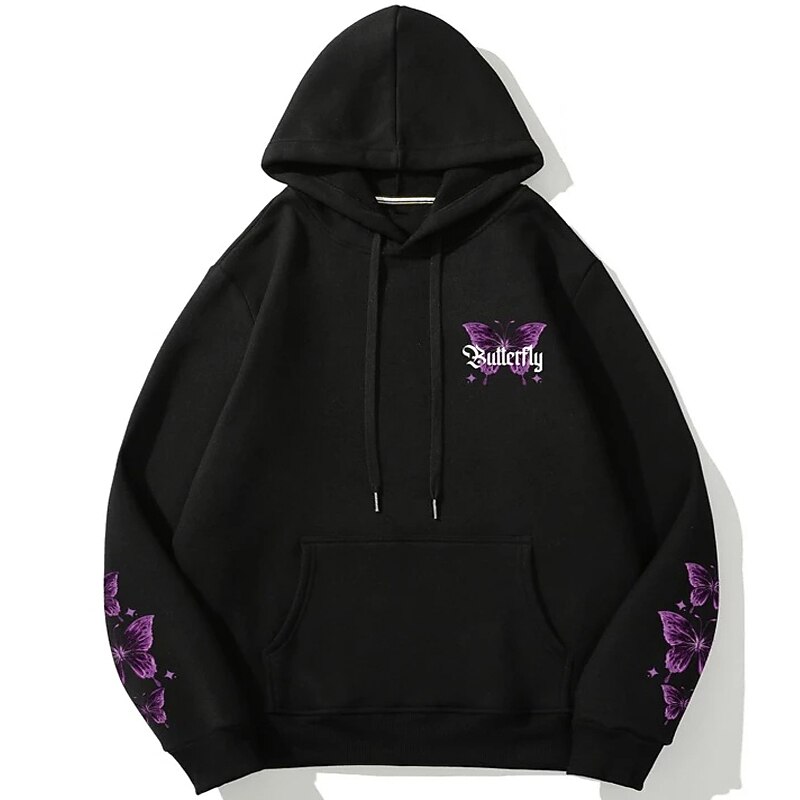Men's Butterfly Hoodie Hoodies Sweatshirt Streetwear Cool Long Sleeve Hooded Holiday Going out Light Khaki. Black Lace up Pocket Winter Spring &  Fall Designer3