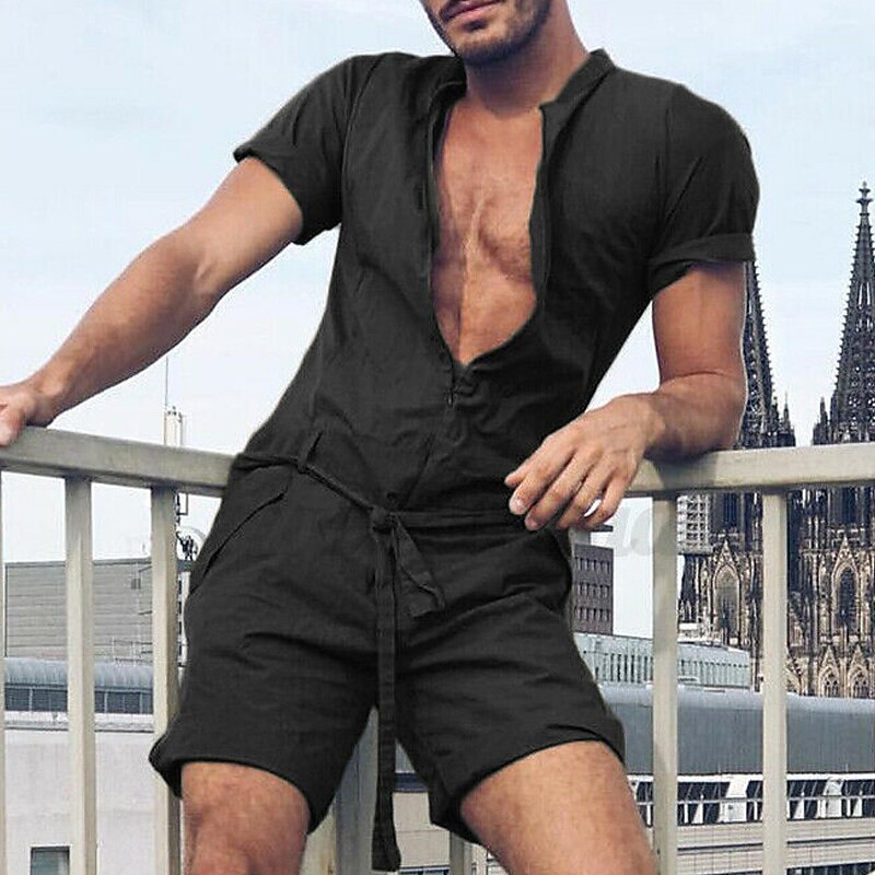 Men's Jumpsuit Casual Shorts Zipper Pocket Plain Comfort Casual Daily Holiday Cotton Blend Streetwear Stylish Black Green3