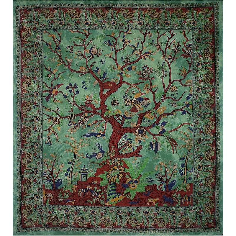 Tapestry Green Tree of Life Wall Hanging Psychedelic Tapestries Indian Cotton Twin Bedspread Picnic Sheet Wall Decor Blanket Wall Art Hippie Bedroom Livingroom3