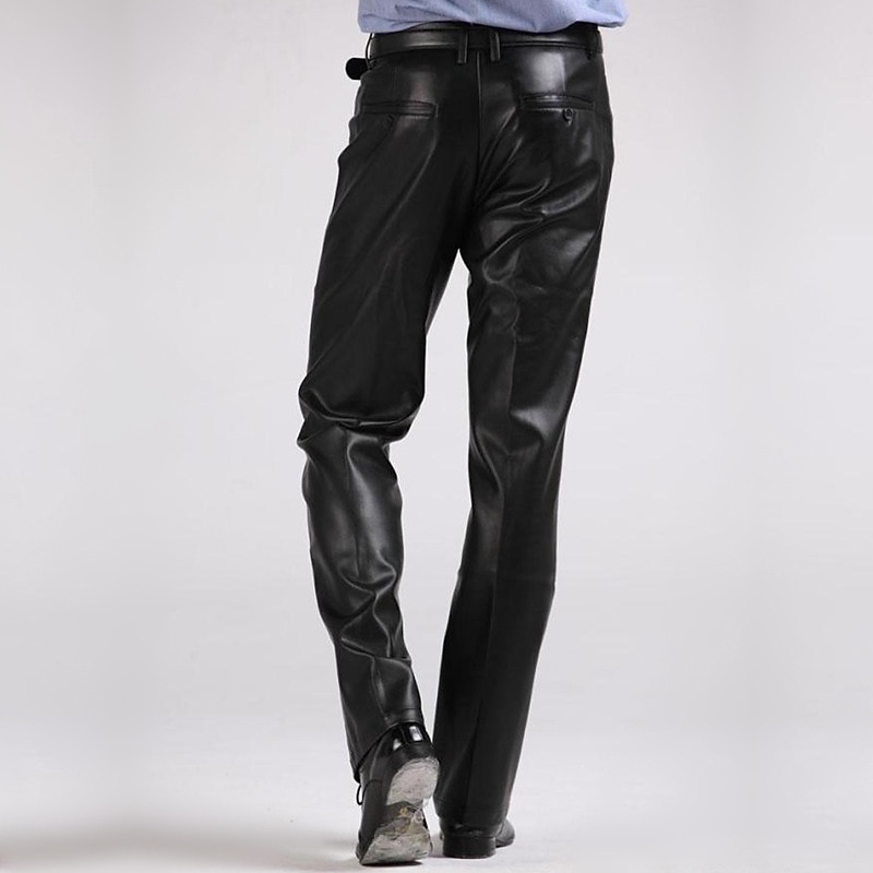 Men's Dress Pants Winter Pants Trousers Faux Leather Shorts Pocket Straight Leg Solid Colored Comfort Warm Wedding Office Business Faux Leather Streetwear Casual Black Micro-elastic2