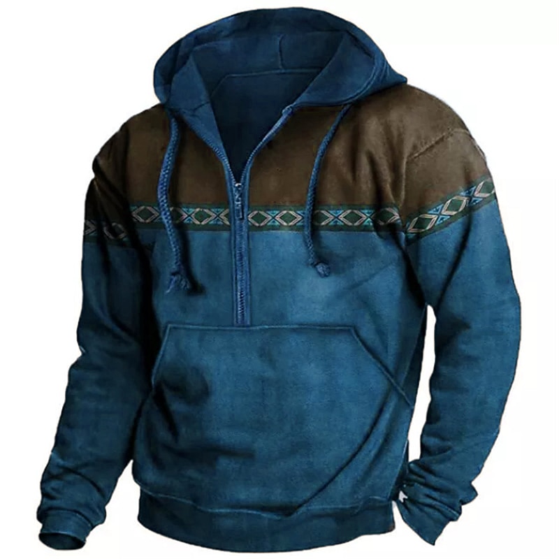 Men's Color Block Bohemian Style Graphic Prints Hoodie Hoodies Sweatshirt Designer Basic Long Sleeve Hooded Daily Holiday Going out Blue Purple Half Zip Front Pocket Spring &  Fall Designer2